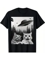 NEW BEST TO BUY Print Women Short Sleeve Funny Duo Cats Selfie with UFOs Cat Lover Gift T-Shirt Kawaii Clothes