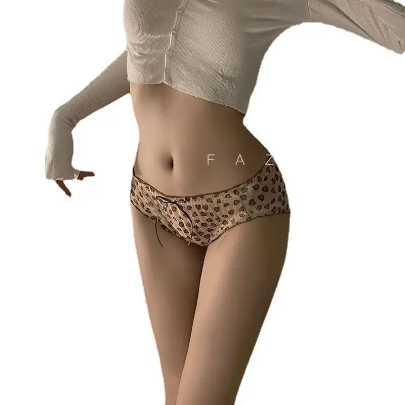 SP&CITY Leopard Printed Mesh Sexy Underwear Women\'s Low Waist Breathable Comfortable Panties Cute Ruffle Bow Seamless Briefs