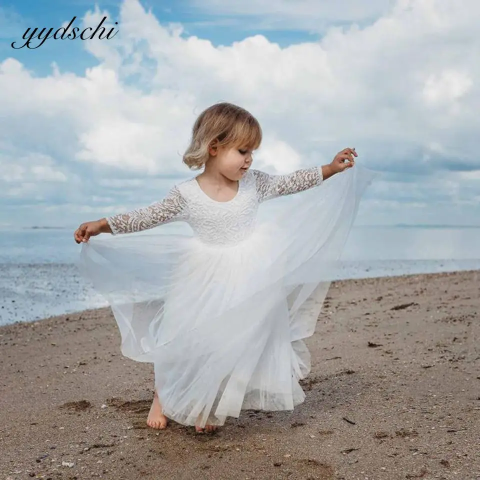 Robe trapèze à fleurs ivoire/blanc pour filles, robes de mariage élégantes, avec des Appliques en dentelle, pour fête d'anniversaire, première Communion, princesse, 2022