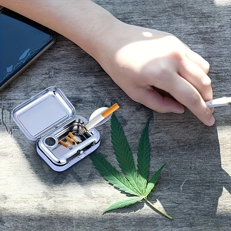 Portable Metal Ashtray Pocket Size, Mini Square Car Ashtray With Lid, Creative Gift For Men, Travel, Outdoor, Leakproof