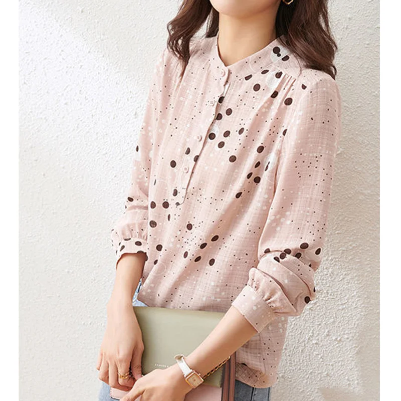 Stand Collar Polka Dot Printing Chic Shirt 2022 Spring Autumn Commute Long Sleeve Single Breasted Fashion Women Chiffon Blouses