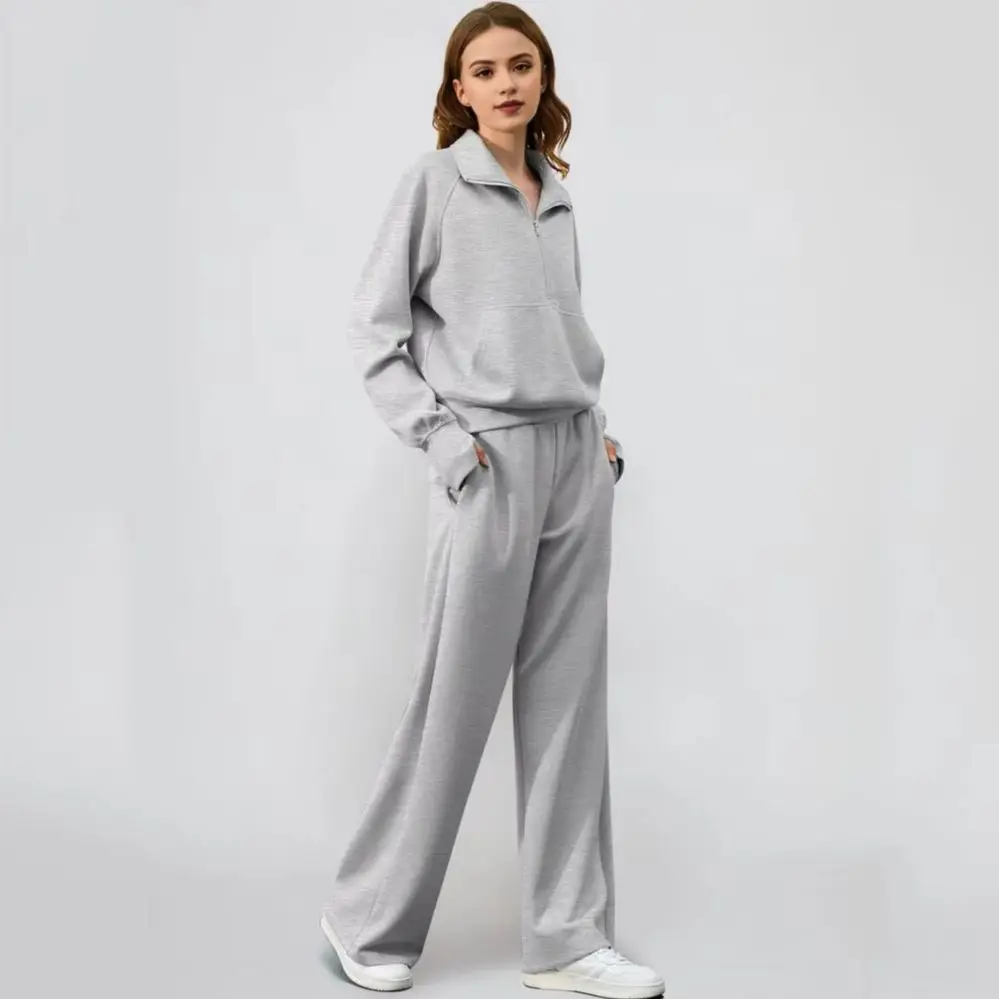 Women Top Pants Set Wide Leg Trousers Set 2 Pcs Women Tracksuit Set Half Zipper Sweatshirt with Turn-down Collar Elastic Waist