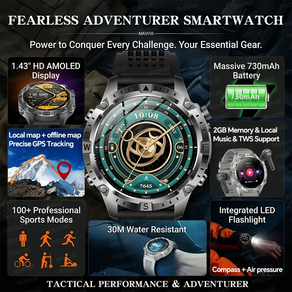 Men GPS Outdoor Smart Watch Offline Map 3ATM Built-in 2GB Memory Compass Voice Call Sports Smartwatch Women 1.43