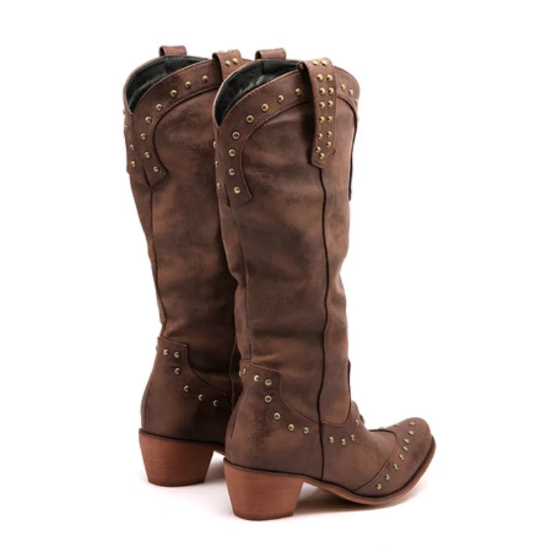 2025 Womens Western Boots Mid-Calf Big Size Fall Spring Winter Shoes with Rivets Lady Brown 40 41 42 43