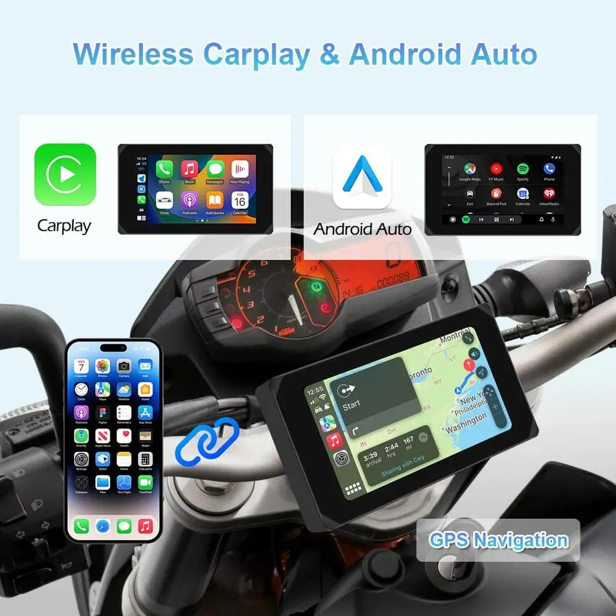 كاميرا Carplay اللاسلكية ونظام Android Auto للدراجات النارية مع 5 شاشات تعمل باللمس، كاميرا أمامية وخلفية HD1080P، WiFi، Bluetooth، GPS #2