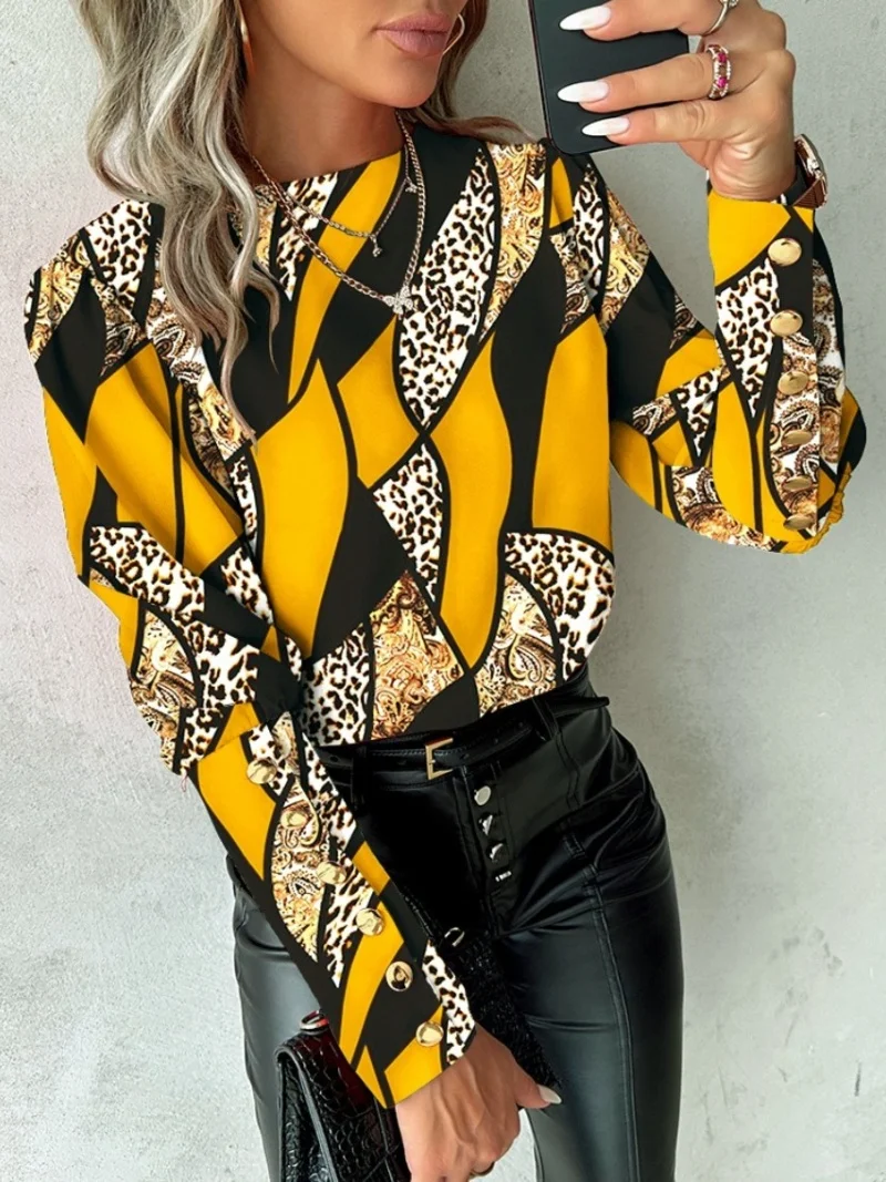 

Women's Mixed Print Long Sleeve Blouse with Leopard & Paisley Patterns Round Neck Button Cuff Casual Top for Evening Outings & D