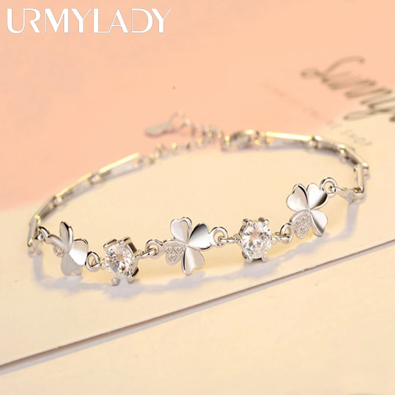gorąca sprzedaż 925 Sterling Silver Zircon Lucky Clover Bransoletki kryształy łańcuch Dla kobiet Walentynki Prezent Biżuteria ślubna impreza