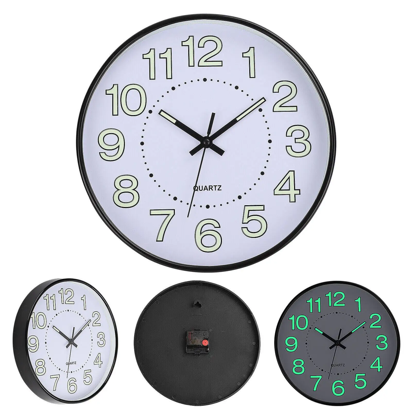 ساعة حائط بإضاءة ليلية مقاس 12 بوصة غير موقوتة صامتة ومضيئة باللون الأسود مستديرة متوهجة في الظلام تعمل بالبطارية للمنزل/المرآب/المكتب