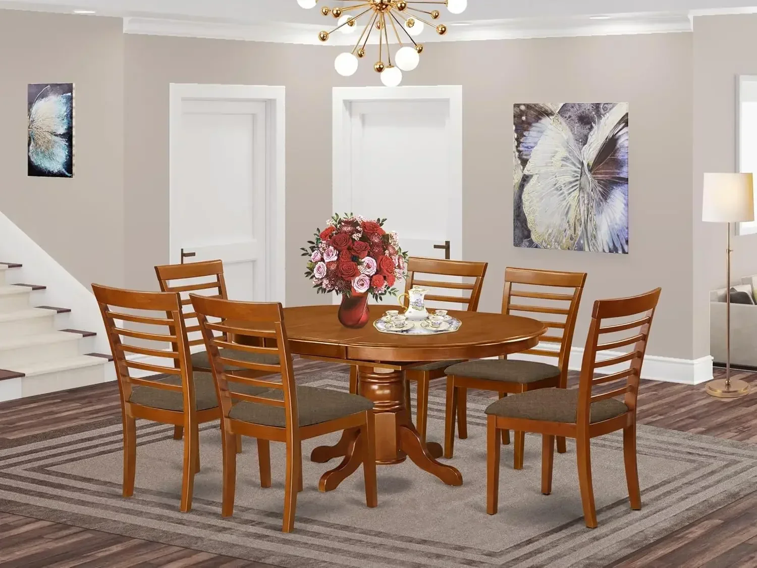 7 Piece Kitchen Set Consist of an Oval Table with Butterfly Leaf and 6 Linen Fabric Dining Room Chairs, 42x60 Inch, Saddle Brown