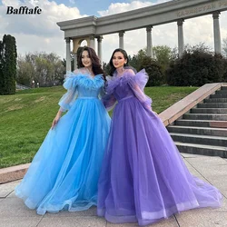 Bafftafe A Line Tulle Long Sleeves Prom Dresses Women Ruffles Formal Party Gowns Wedding Photo Shoot Customized Evening Gowns