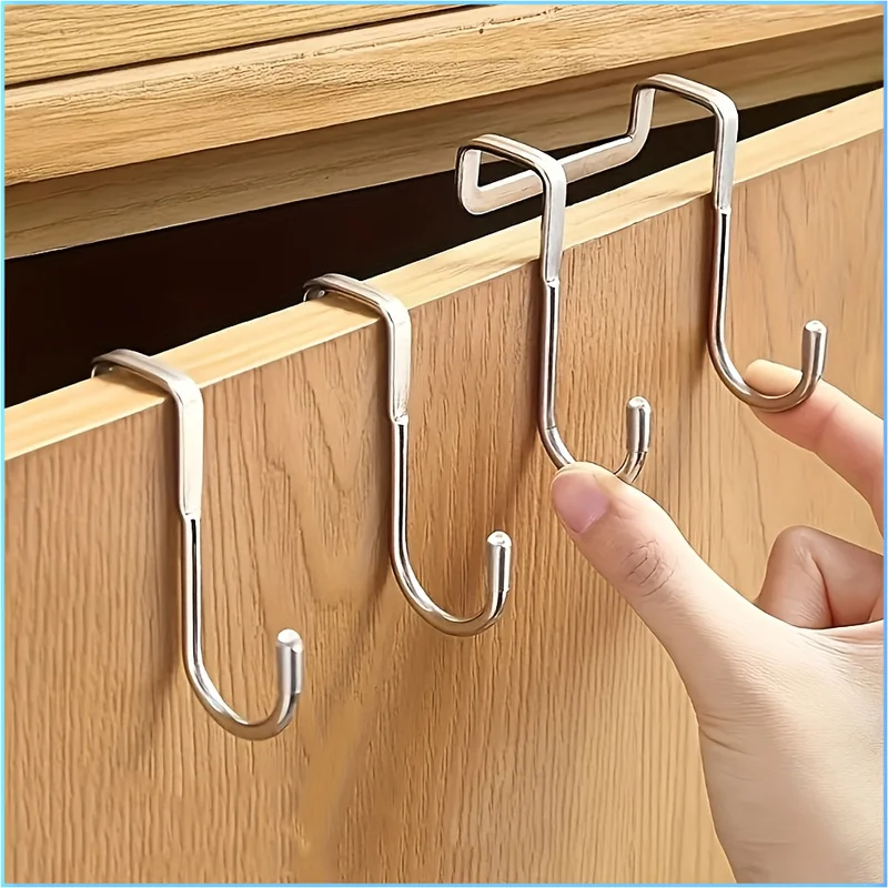 5Pcs Double S Shape Stainless Steel Hook, Over Cabinet Door Hook, No Drill Holder for Kitchen Bathroom Towel Tableware