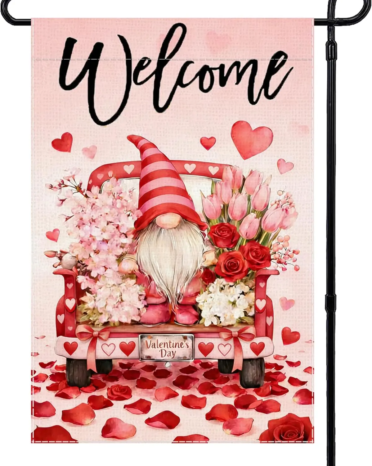 Valentines Day Garden Flag Gnome Welcome Small Flags for Outside, 12x18 Inch Truck Rose Flowers Spring Double Sided Burlap F IIC