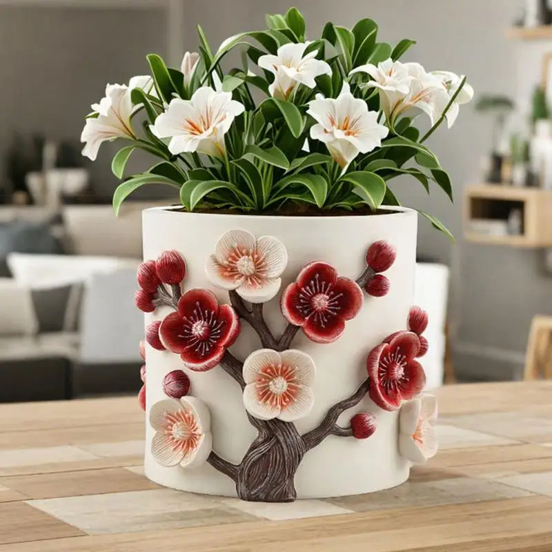 3D Flower Pot Handcraft 3D Embossed Plum Blossom Vase Outdoor Indoor Flower Pots Creative Large Caliber Planter Home Flower