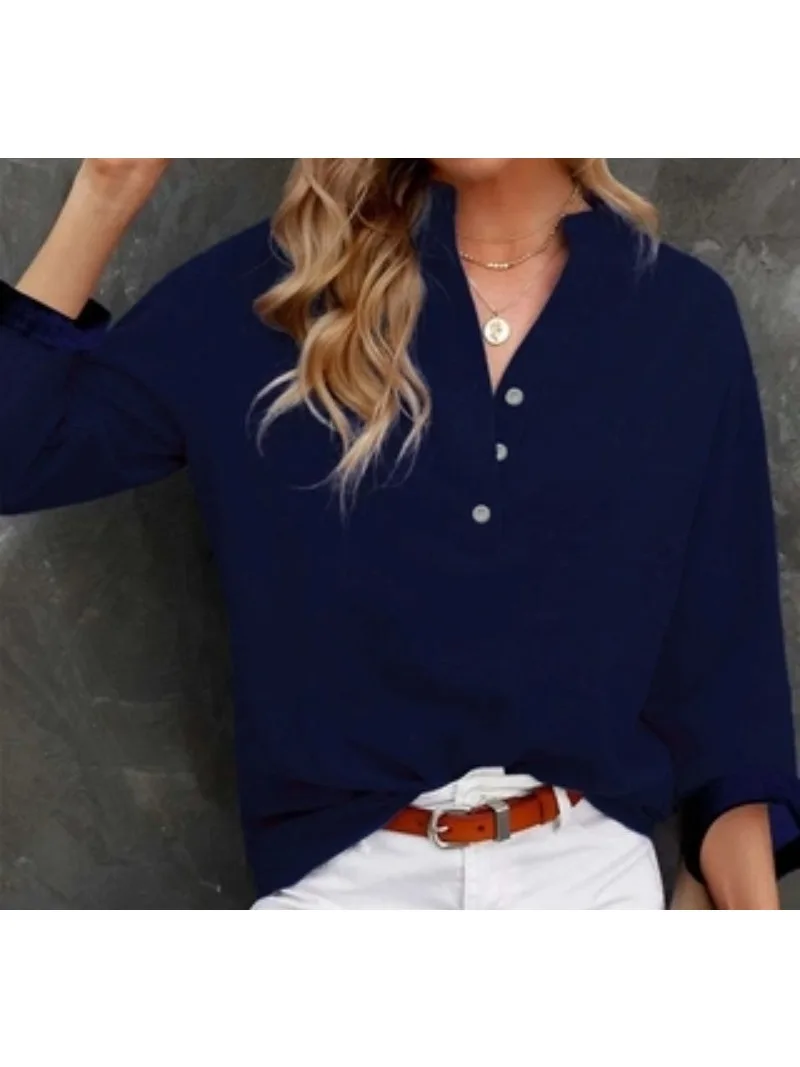 Spring and Summer Women\'s Plus Size Fashionable Navy Blue Top Solid Color Casual Fashion Pullover Multifunctional Elegant Shirt