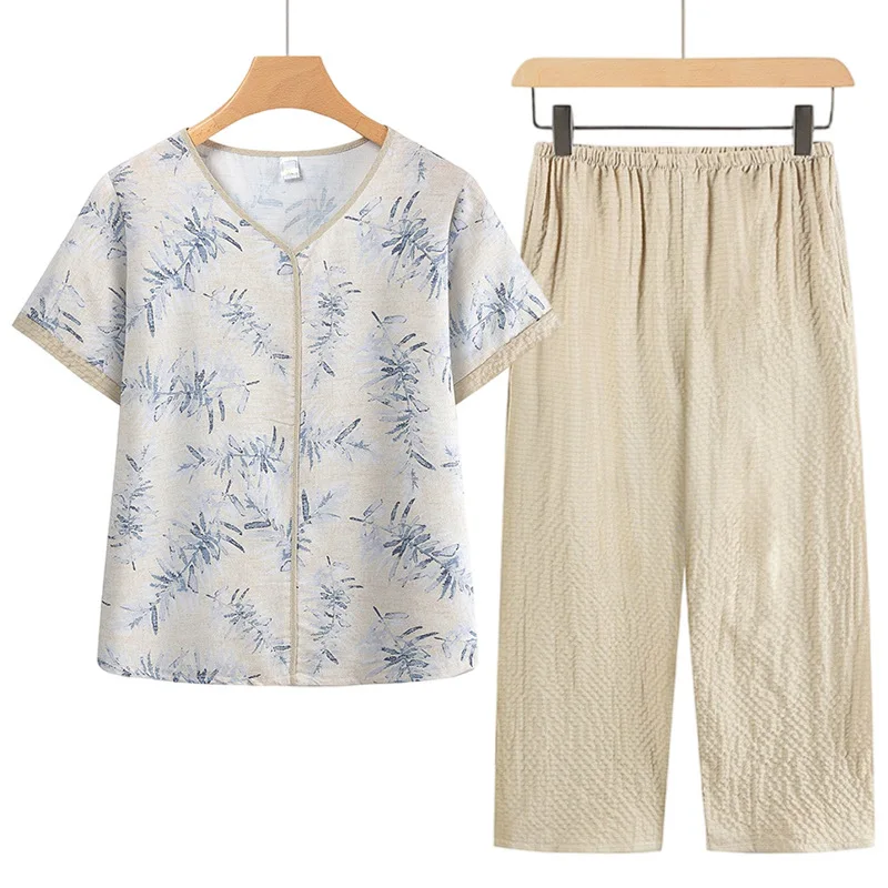 XL-4XL Printed Middle Aged Mother Two Piece Set Cotton Pyjamas Women Short Sleeve Casual Sleepwear Home Wear Pijama De Mujer