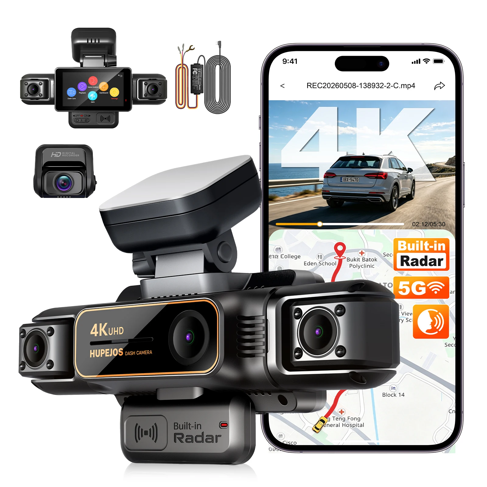 Hupejos V70 360°DashCam，Super Night Vision，Supercapacitor with Voice-Controlled， 24H Parking Mode Built-in Radar Car Dvr