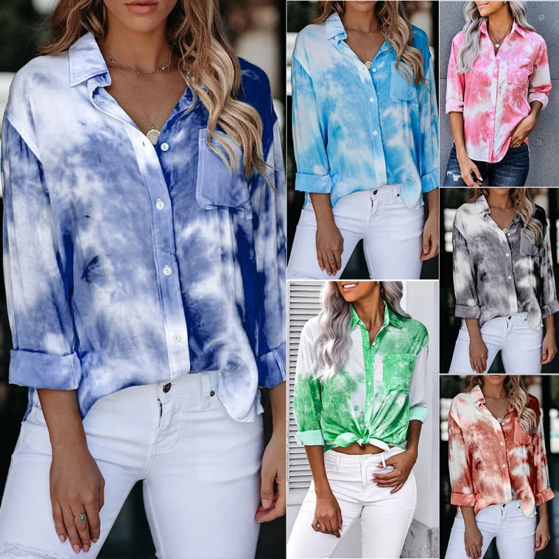 

2025New Autumn and Winter New Tie-Dyed Long-Sleeved Shirt Women's European and AmericanebayHot Sale Small Stand Collar All-Match