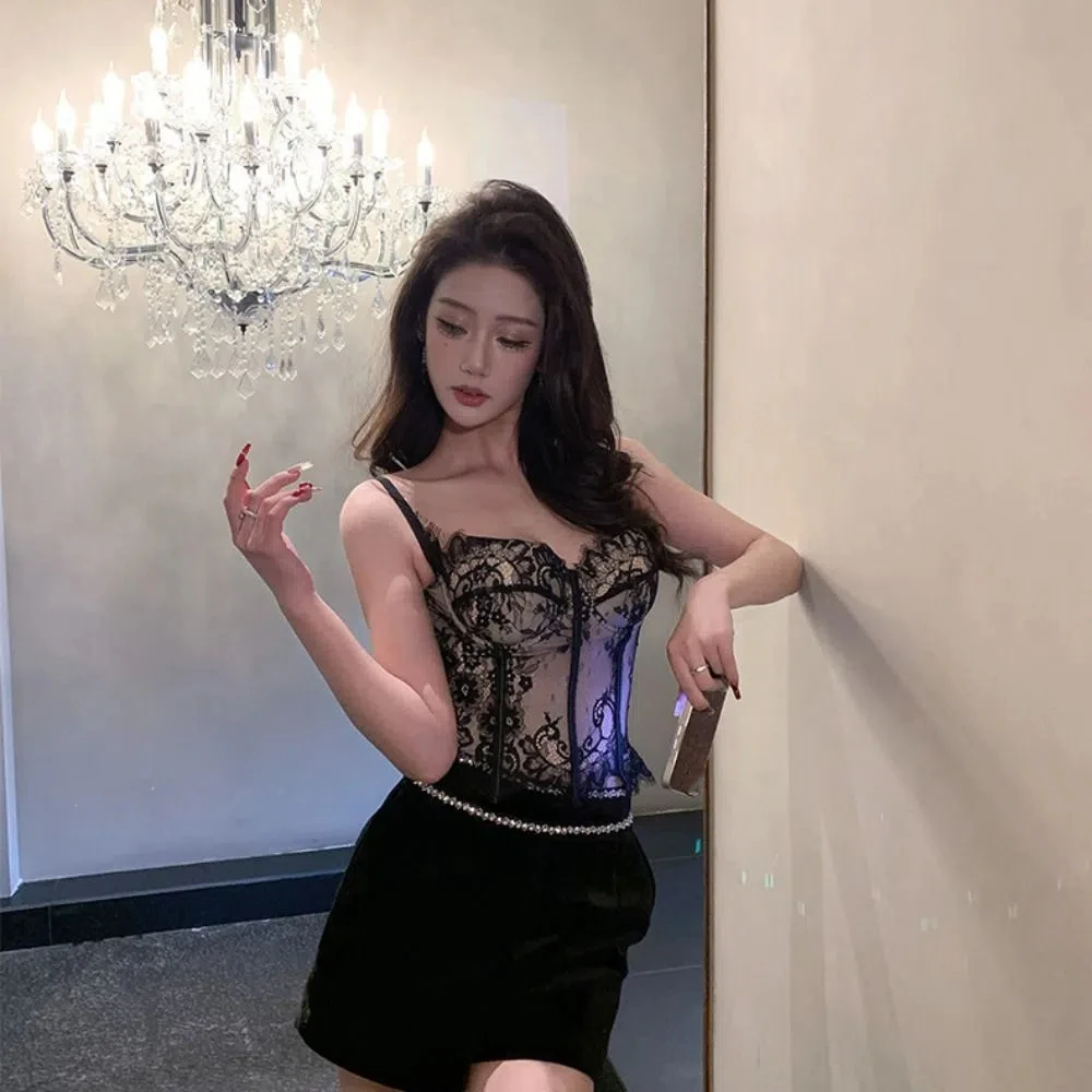

Fashion Hollow Lace Camisole Transparent Sleeveless Lace Corset Tanks Streetwear Suspender Vest Spring Summer