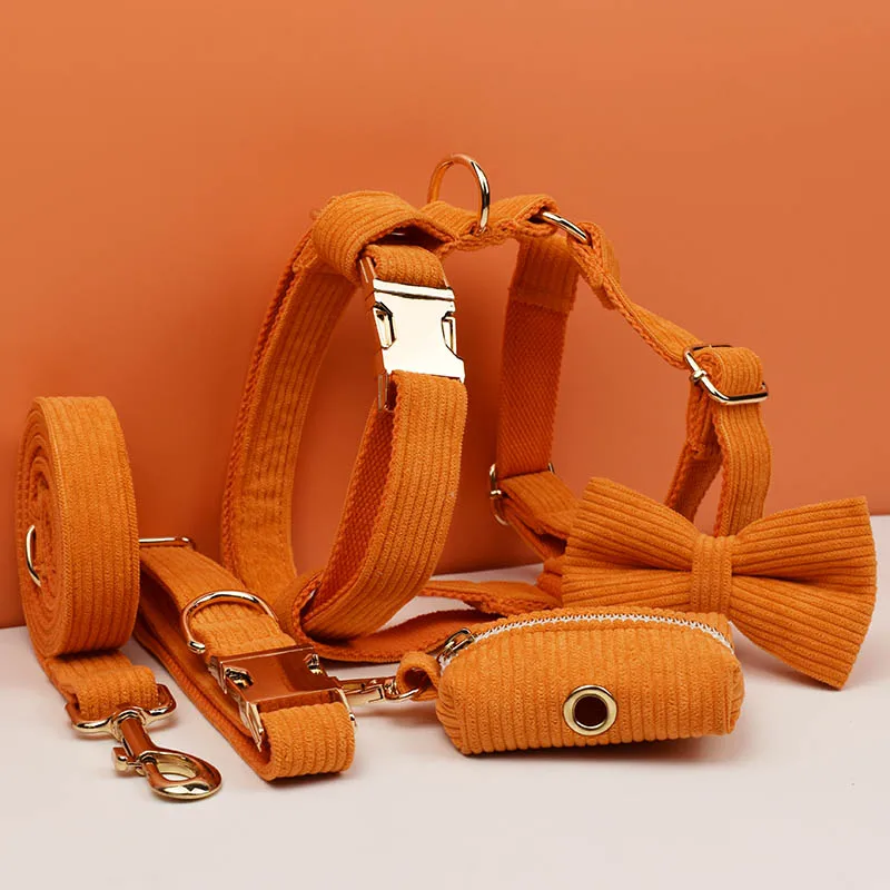 

Orange Corduroy Dog Collar And Leash Set For Dogs Custom Engraved Nameplate Pet Supplies Dog Leash Corduroy11