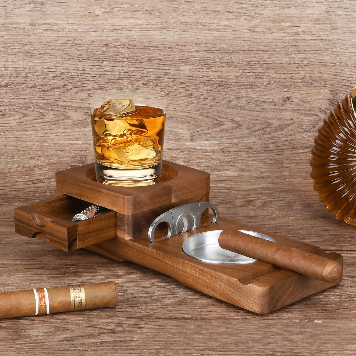 Premium Solid Wood Cigar Ashtray Set with Storage Drawer, Whiskey Coaster, Tray – Complete Cigar Accessories for Enthusiasts