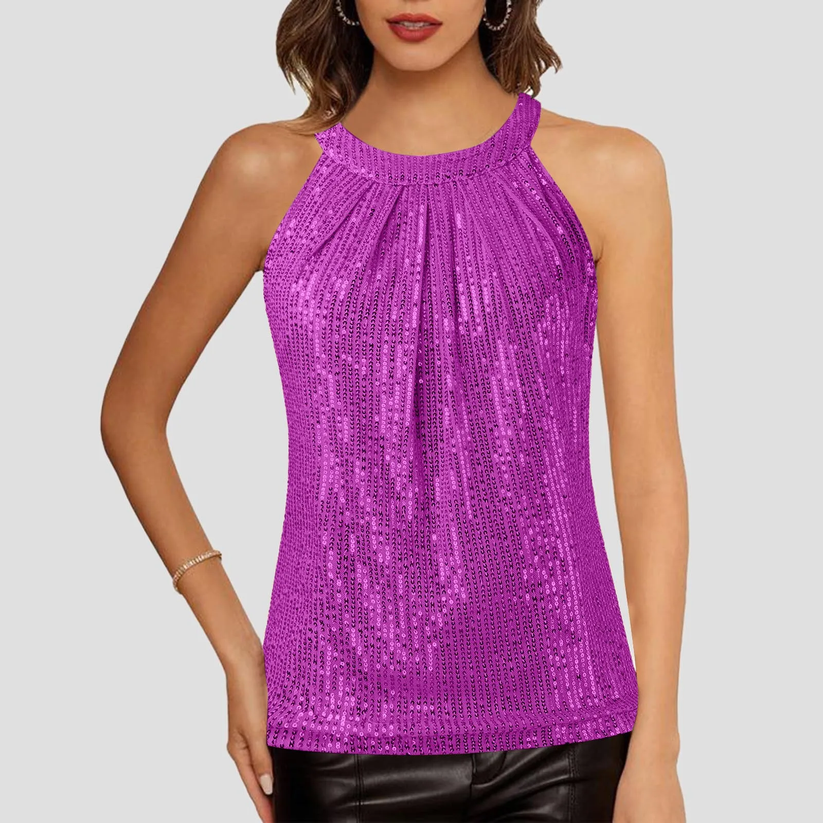 Sequin Halter Tops For Women Sleeveless Dressy Tank Camisole Tops Party Club Cocktail Vest Shirt Stripes Tee