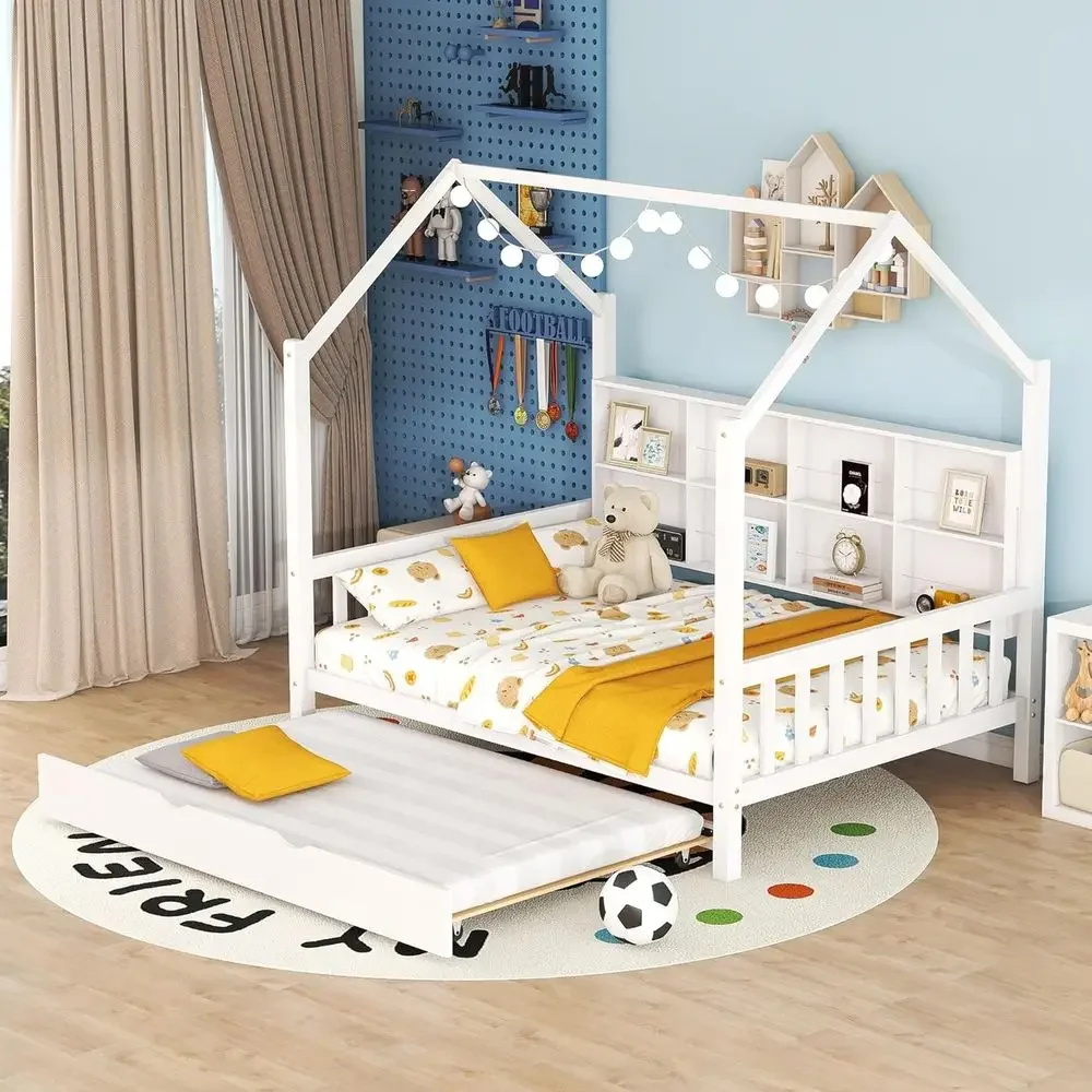 

Full Size Wooden Platform Bed with Shelf and Trundle, Suitable for Kids and Teens, Solid Wood Construction, Space-Saving White