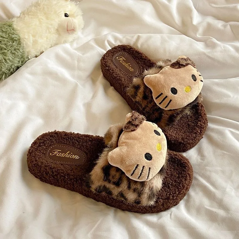 

2026 Hello Kitty Cartoon Leopard Print Fur Slippers Kawaii Indoor Comfortable Non-Slip Slippers Cute Couple Cotton Shoes Gift