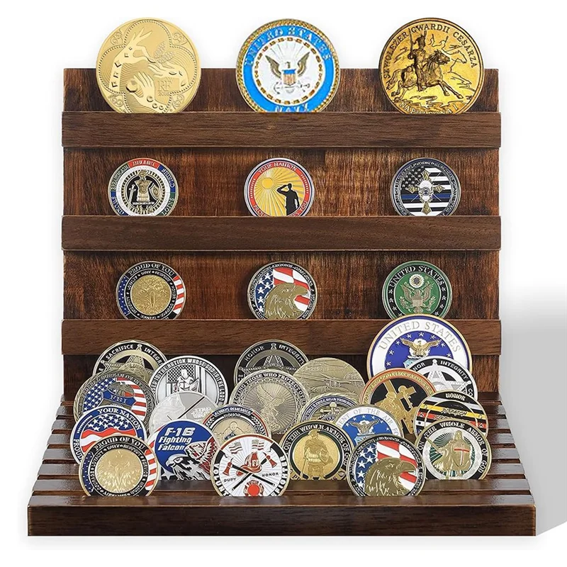 ABJN-suporte de exibição de moedas de madeira maciça, rack para 60 moedas, suporte de moedas e vitrine, sistema de montagem de moedas de desafio