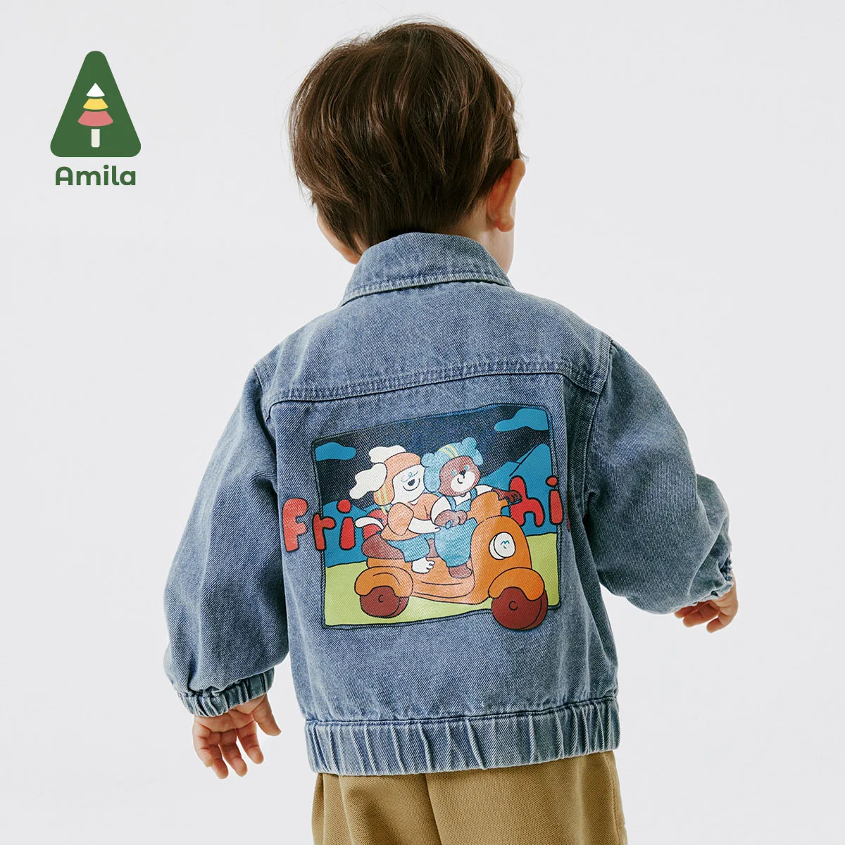 Amila Baby Jackets 2024 Spring New Pure Cotton Cute Cartoon Flip Collar Casual Long Sleeved Denim Coat for Boys