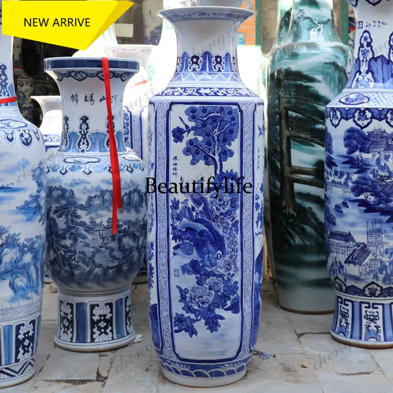 a95 Jingdezhen ceramics, hand-painted blue-and-white bird-and-flower porcelain, floor-standing large vase for living room orname