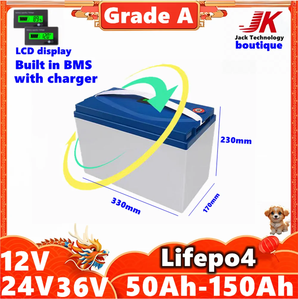 JK12V lifepo4 100AH 120Ah 150Ah 24V 36V 40Ah 50AH 60Ah 80Ah lithium battery deep cycle Inverter,RV,starter batteries+BMS+charger