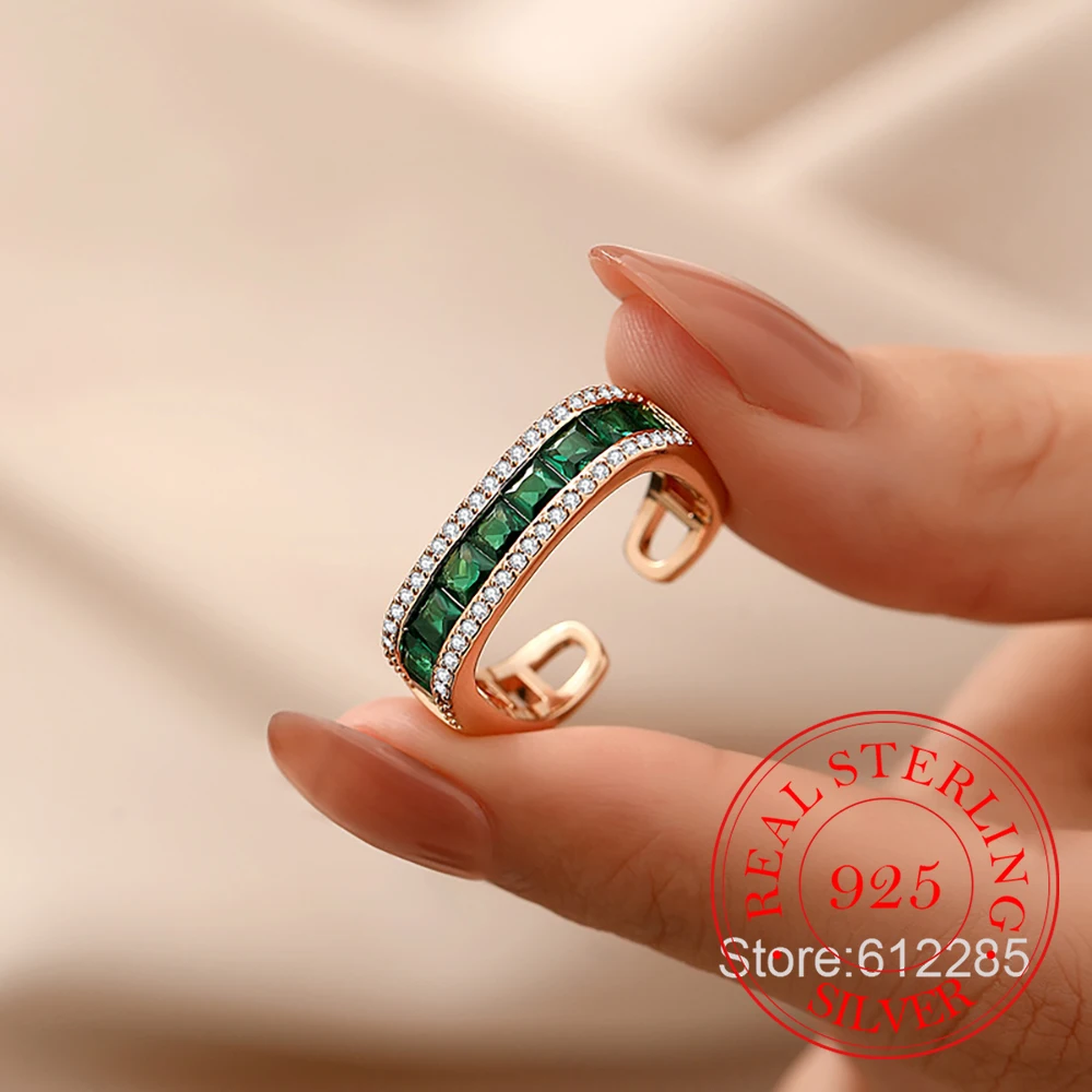 

925 Sterling Silver Jewelry 18K Gold Plated Crystal Emerald Finger Rings for Women Wedding Party Jewelry For Girls Friend Gift