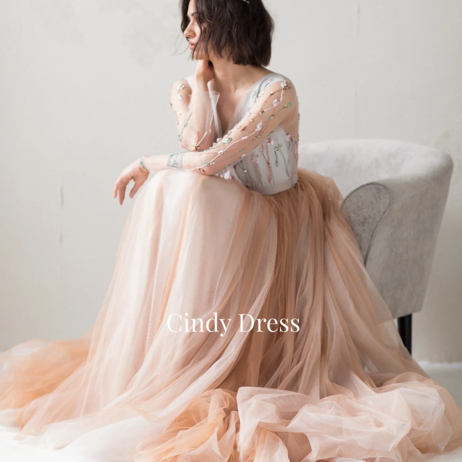 

Cindy Tulle Beaded A-line Long Sleeve Elegant Party Dresses for Women 2023 Wedding Dress Prom Evening Luxury Celebrity Female
