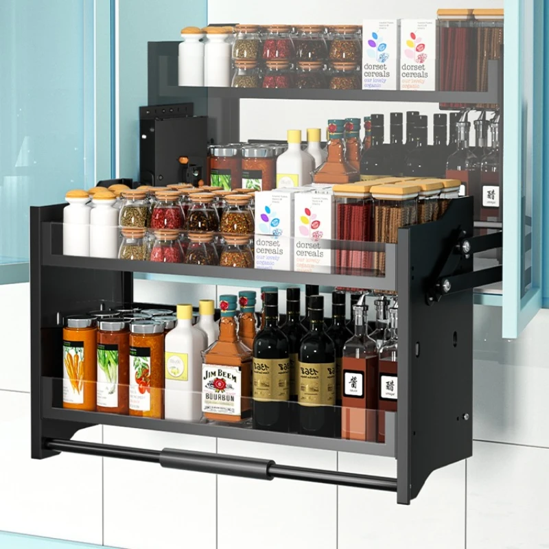 Kitchen hanging cabinet, lifting and pulling basket, pull-down cabinet, upper and lower buffering, telescopic storage rack,