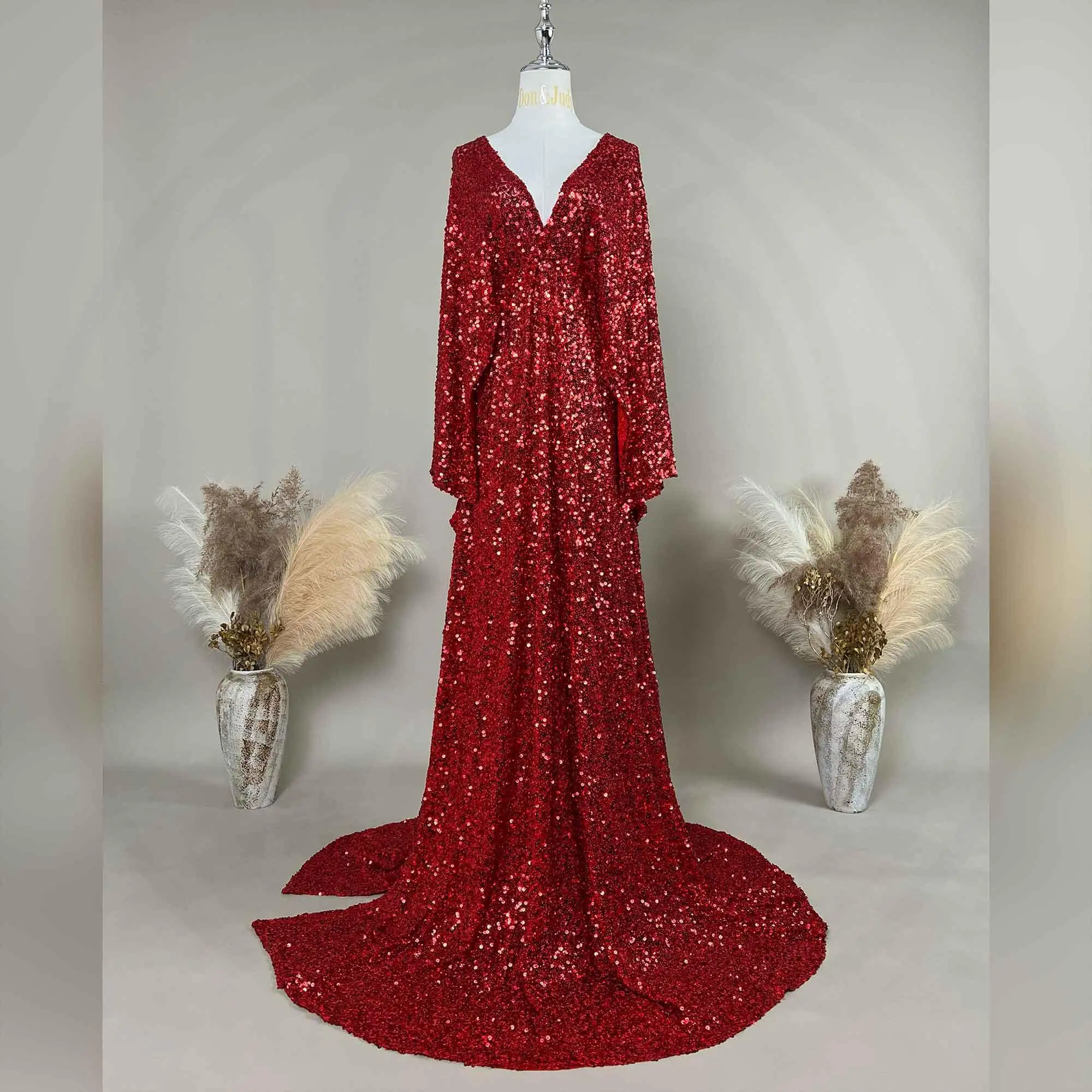 Don&Judy Abend-Partykleid mit Pailletten, V-Ausschnitt, sexy Langarm-Seitenschlitzkleid für formelle Partys – Detail 16