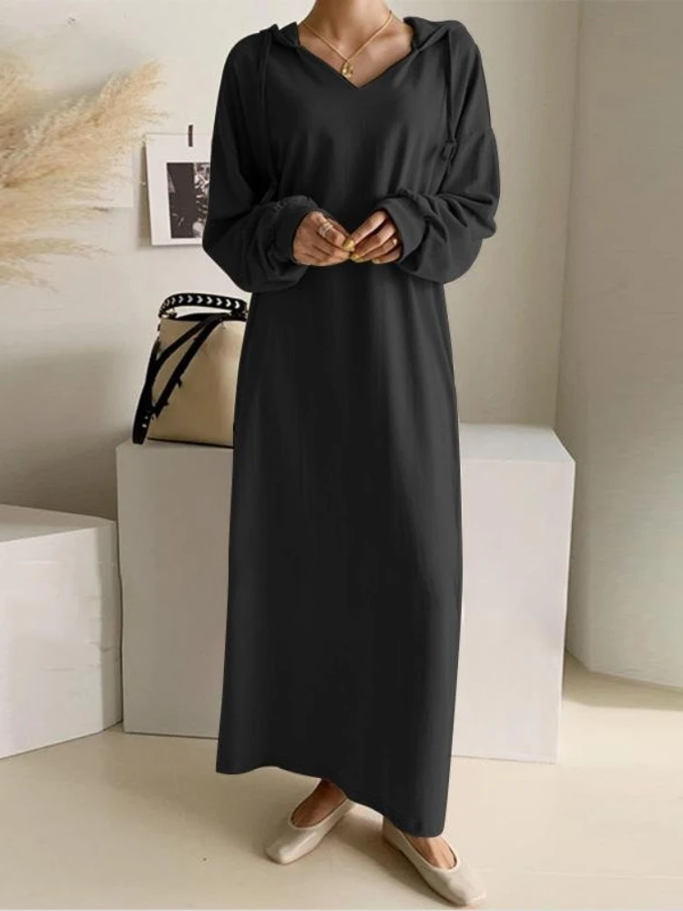 2024 Autumn New Women\'s Commuting Style Elegant Solid Color Long Hoodie Warm Thick Casual Long Hoodie Dress