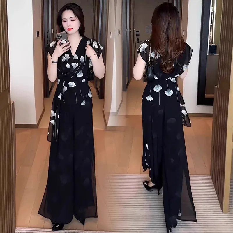 

Модный шифоновый комплект для женщин, лето 2025, новая рубашка с тонкой талией и v-образным вырезом, короткими рукавами и широкие брюки, комплект из двух предметов