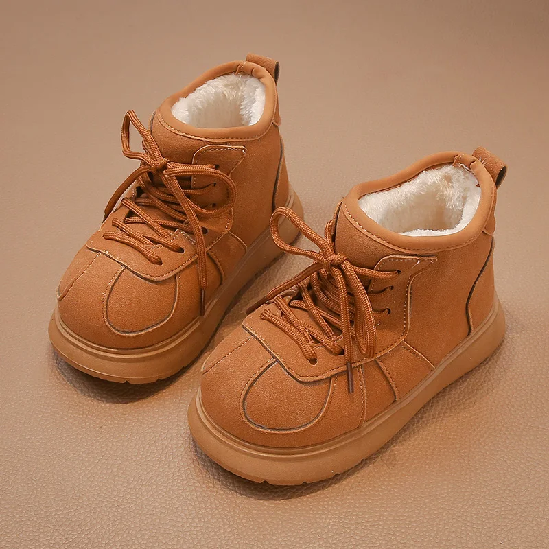 

Winter Children Snow Boots PU Leather Waterproof Teenager Kid's Plush Warm Shoes Soft-soled Anti-slippery Boys Girls Boots