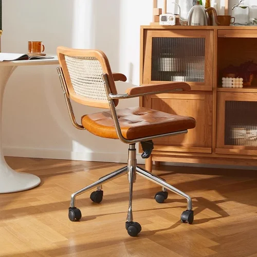 빈티지 라탄 컴퓨터 의자, 북유럽 레트로 회전 의자, 바퀴 달린 서재 책상, PC 거실용 조절 가능한 컴퓨터 안락 의자 