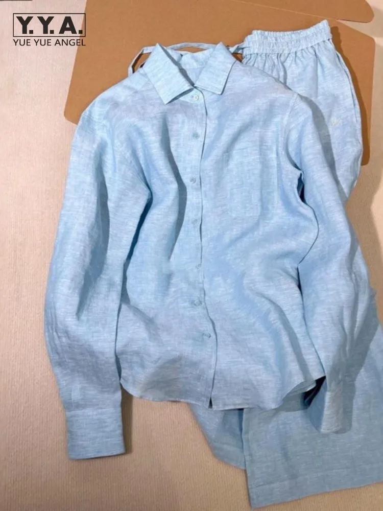 

Retro New Fashion Elegant Women Single Berastsd Blue Linen Shirt Pantsuits Ladies 2025 New Two-piece Set Leisure Autumn Loose