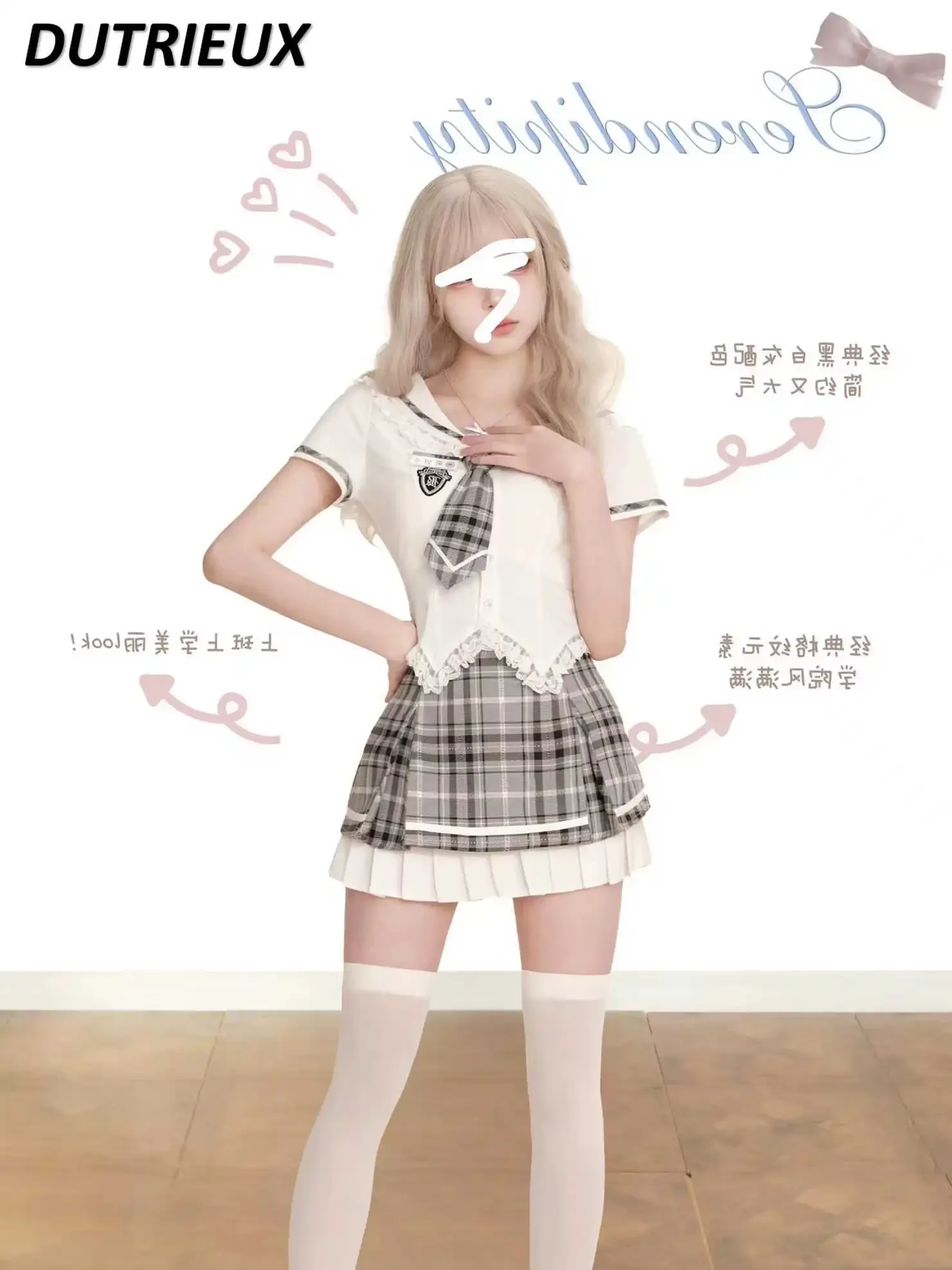 JK Uniform Preppy Style Two Piece Set Summer Sailor Suit Sailor Collar White Short-Sleeved Shirt and Gray Plaid Hip Skirt