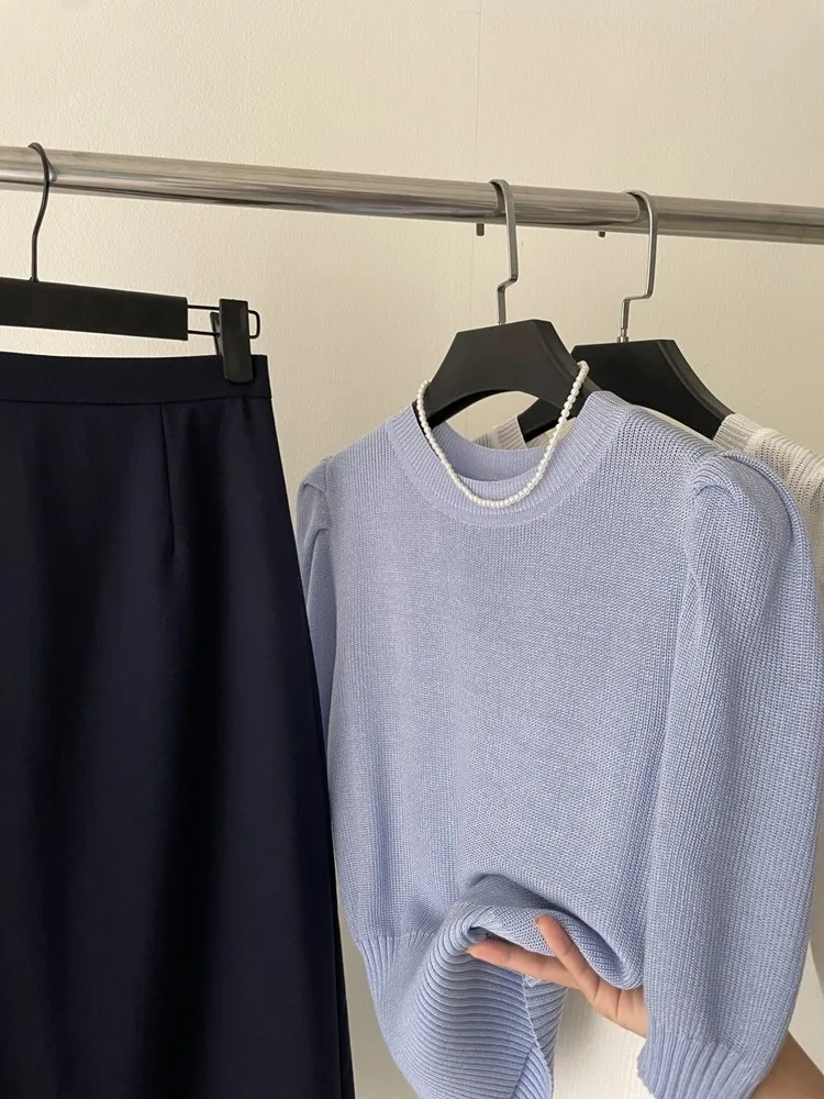 グリーンアイスシルクニット半袖Tシャツ レディース 薄手 夏 ユニーク エレガント パフスリーブ ミドル丈トップス おしゃれ カジュアルウェア