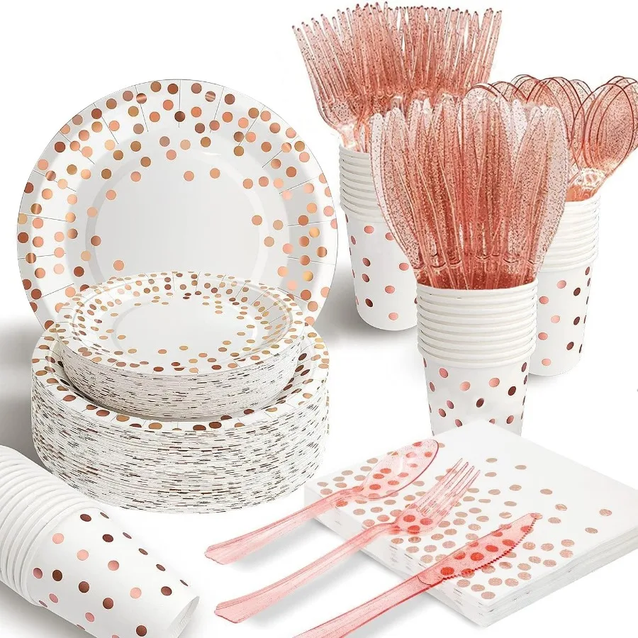 

175PCS White and Rose Gold Paper Plates Set with Rose Golden Dot Design for 25 Guests Elegant Party Supplies Including Dinnerwa
