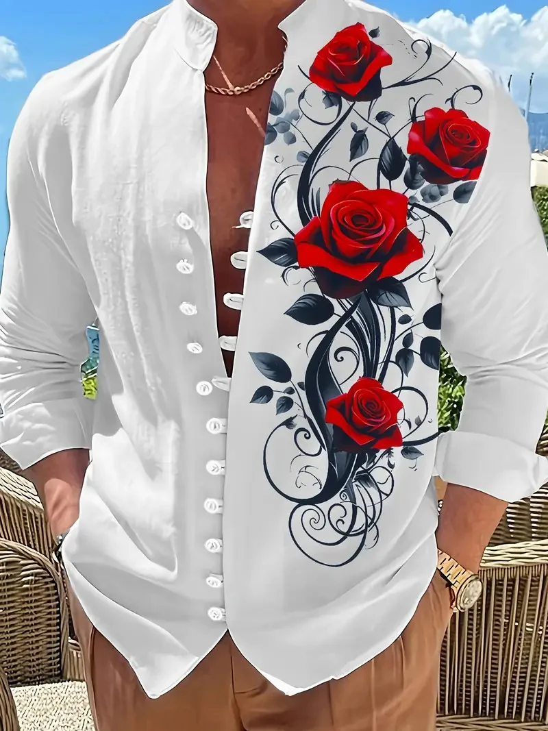 

Новая мужская повседневная удобная рубашка с длинным рукавом и принтом розы, подарок на вечеринку, рубашка высокого качества, топ