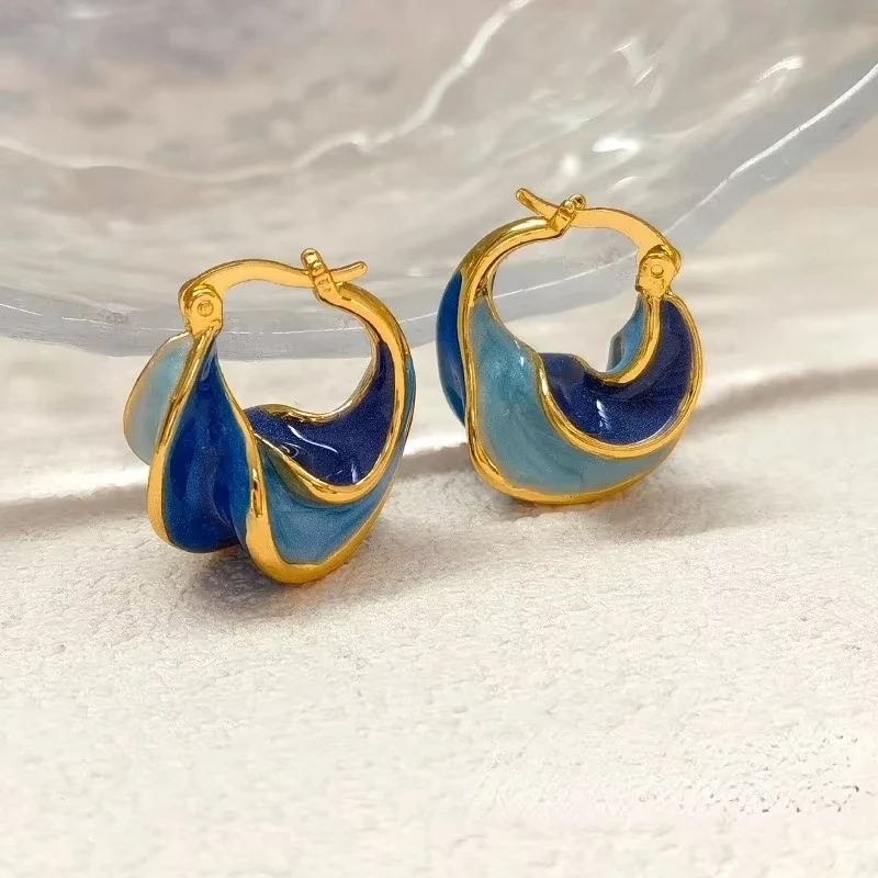 FTCY Enamel Blue Color Metal Texture Hoop Earrings for Women Retro Geometric Creative Women\'s Earrings Jewelry Gifts