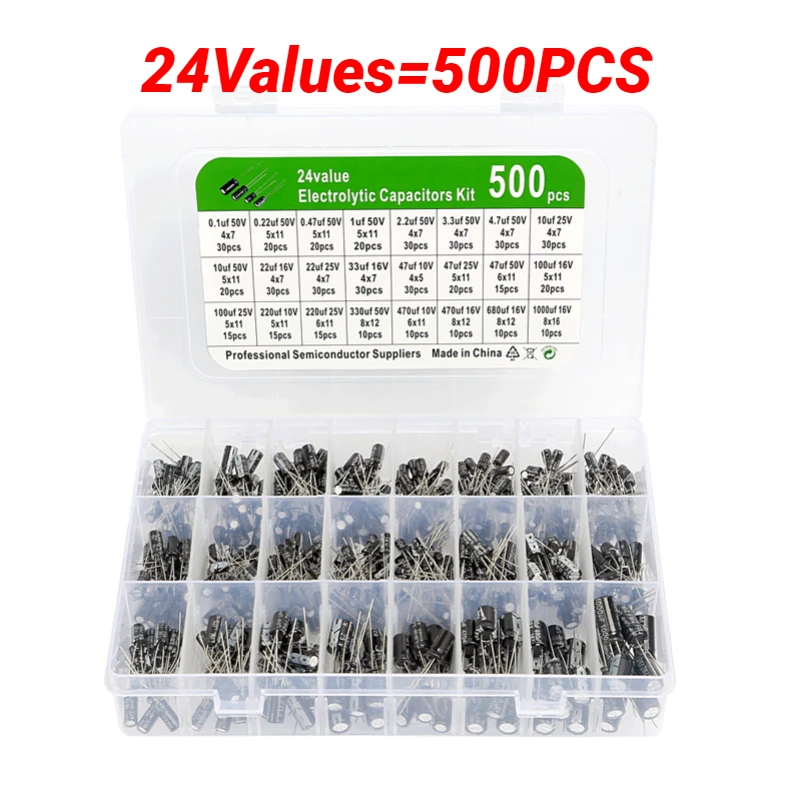 500PCS 24Values 0.1uF-1000u Electrolytic Capacitor Mixed DIP Electrolyte Capacitors 10V 16V 25V 50V Electronic Kit