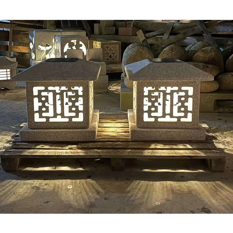 Wholesale Customize Natural Granite Stone Handmade Carved Solar Powered Garden Decorative LED Light Lamps For Sale