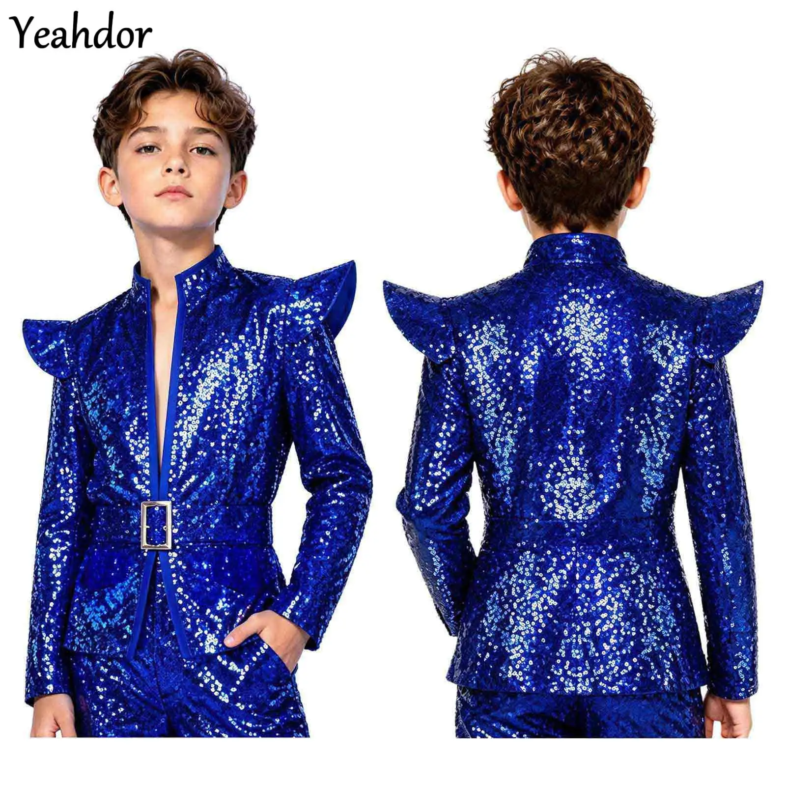 Kids Boys Shiny Sequins Coat Jacket Disco Hip-hop Jazz Dance Performance Costume Long Sleeve Shoulder Pad Blazer Top with Belt
