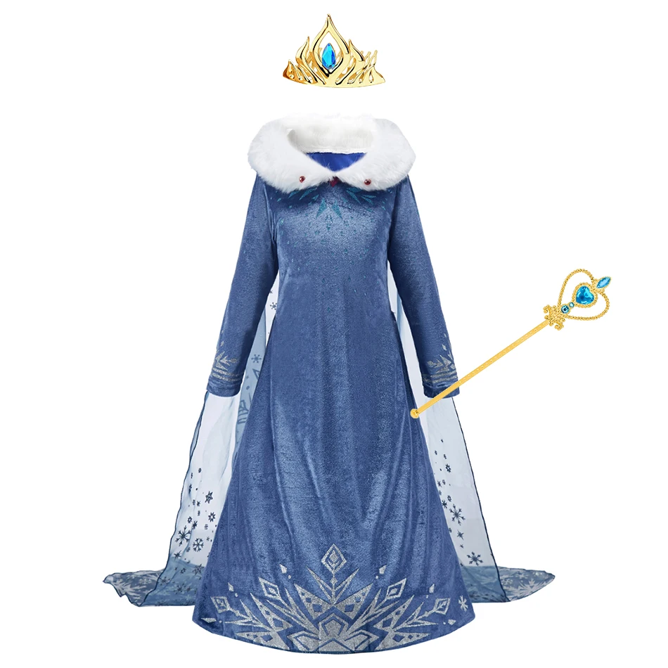 Children Snow Queen Clothes Kids New Elsa Cosplay Dress Little Girls Autumn Winter Ball Fur Collar Gown Halloween Fancy Clothing