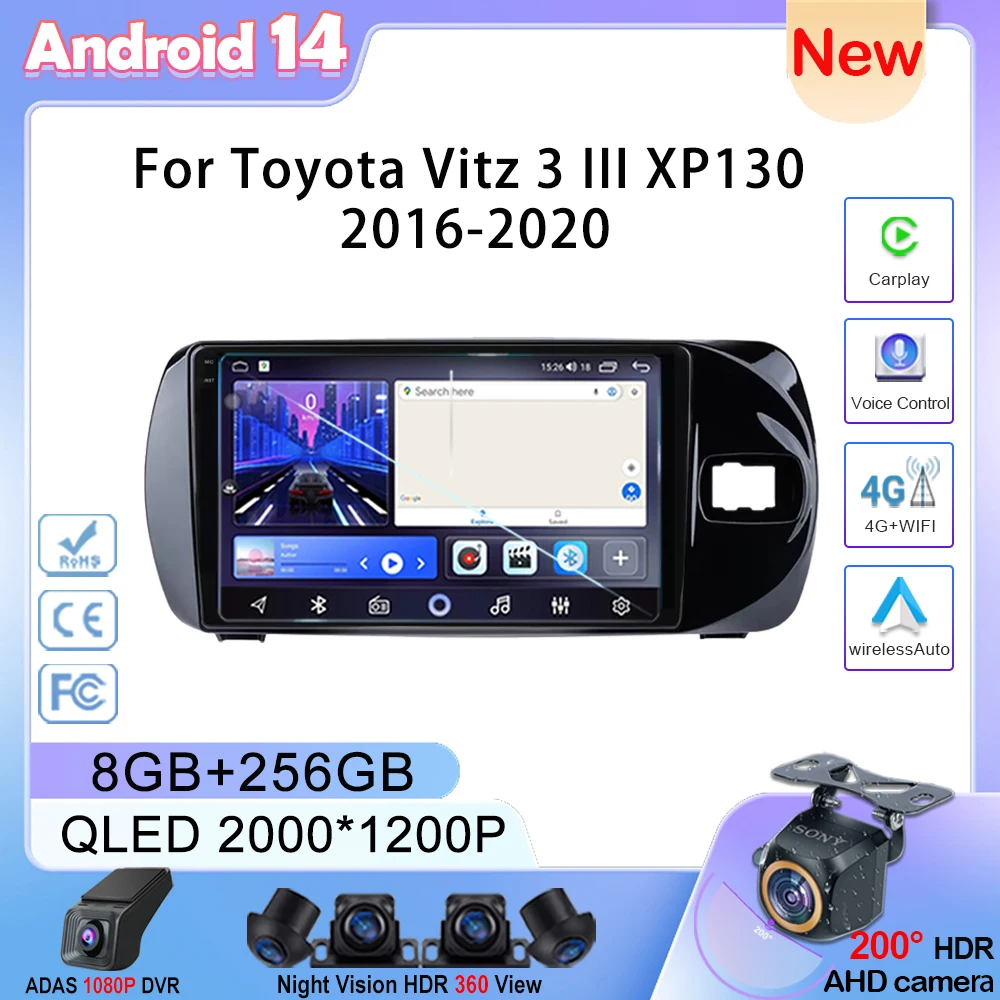 Android 14 For Toyota Vitz 3 III XP130 2016-2020 Right Hand Driver Car Stereo Unit Multimedia Radio Player GPS BT Carplay 2din